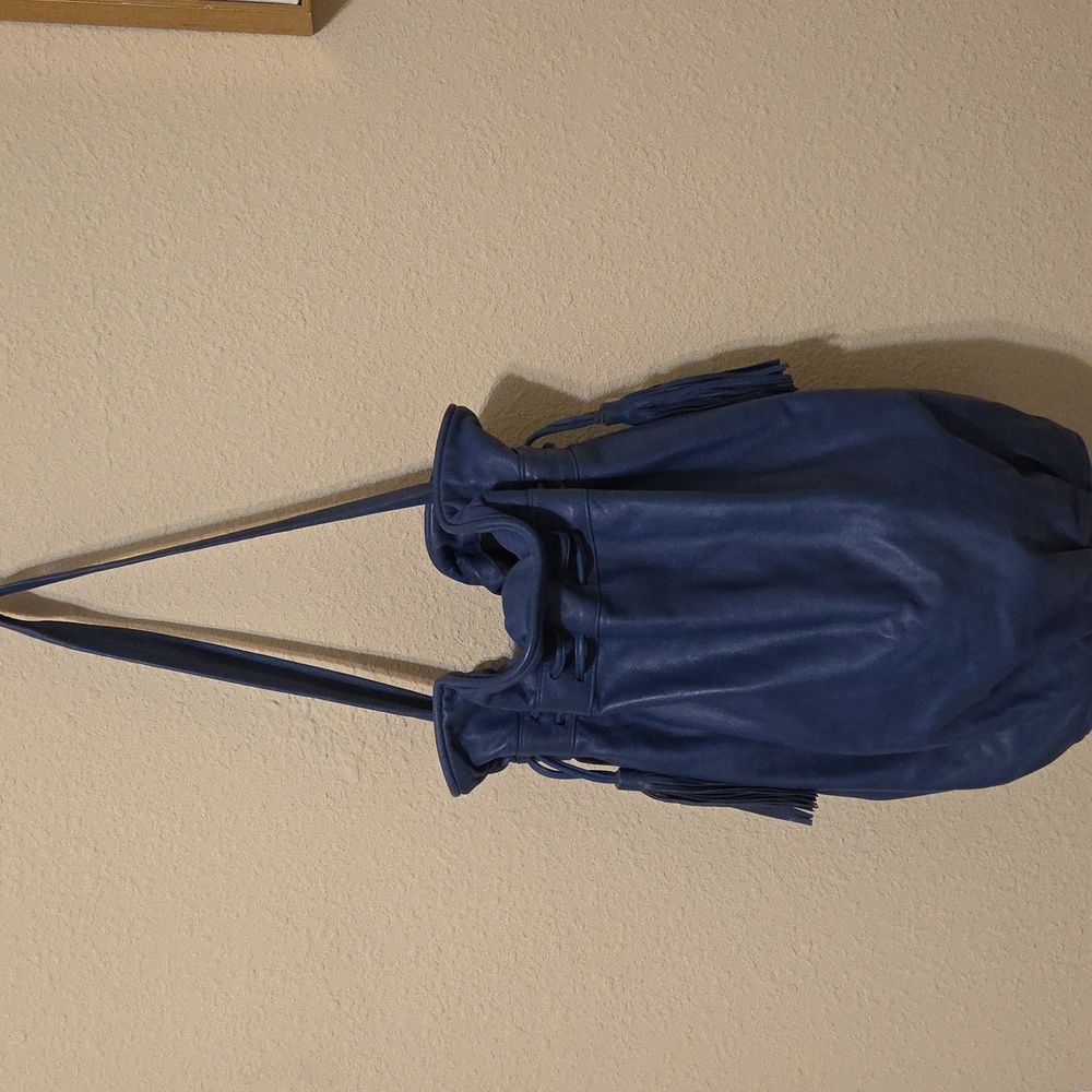 OVERSIZED GENUINE LEATHER NAVY BLUE TASSEL DRAWSTRING HOBO BAG PURSE VINTAGE